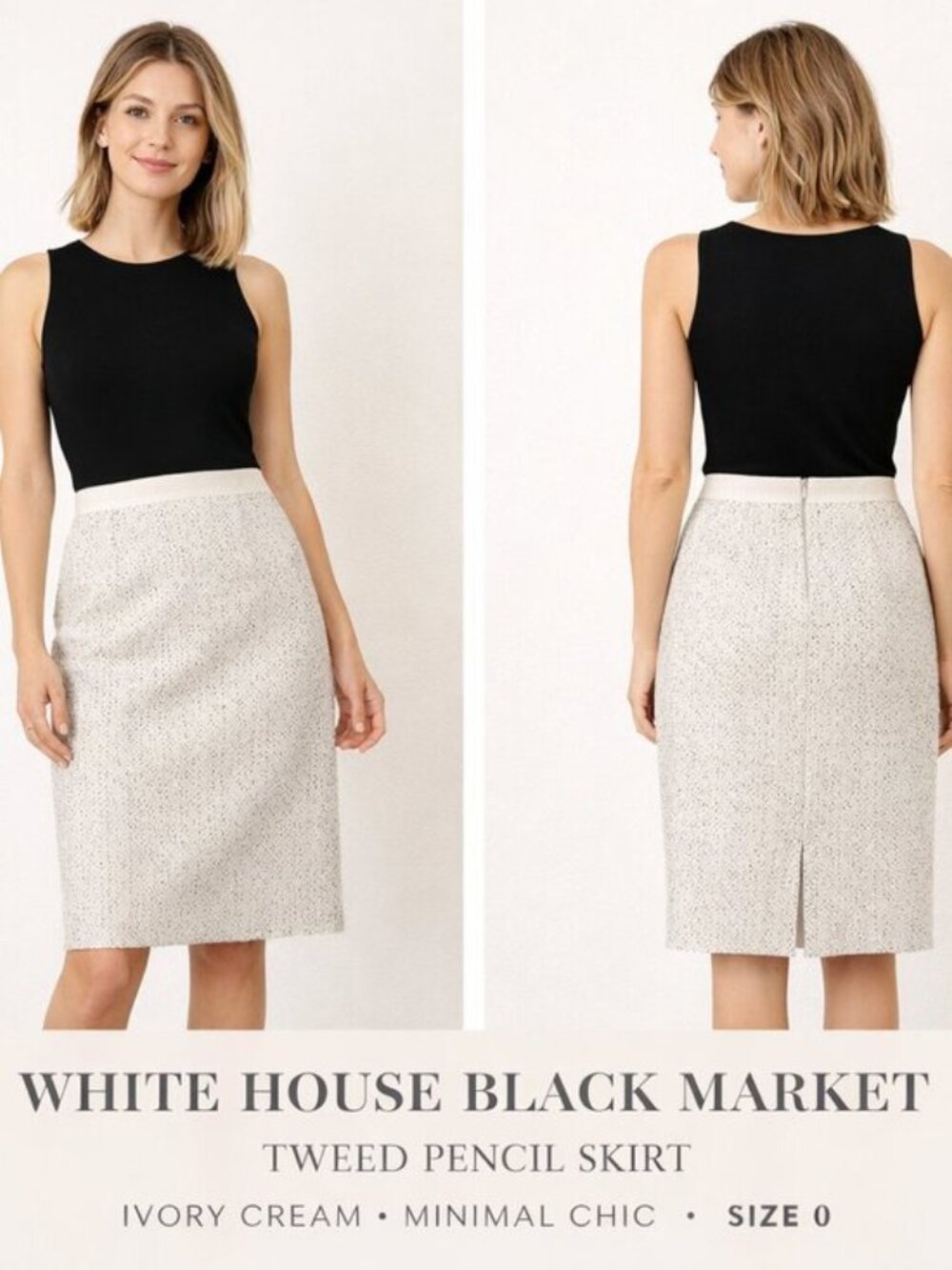 White House Black Market  Tweed Pencil Skirt Sz 0 Ivory Grey Lined Office